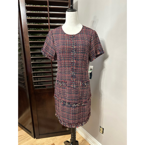 COURT & ROWE Dresses & Skirts - Court & Rowe Womens Shift Dress Multicolor Plaid Lined Short Sleeve Fringe 8 New